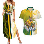 Personalized Australia Soccer Kangaroo Couples Matching Summer Maxi Dress and Hawaiian Shirt World Football Mascot Green Gold Abstract Wave
