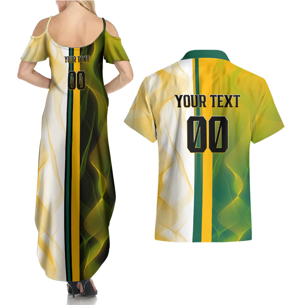 Personalized Australia Soccer Kangaroo Couples Matching Summer Maxi Dress and Hawaiian Shirt World Football Mascot Green Gold Abstract Wave