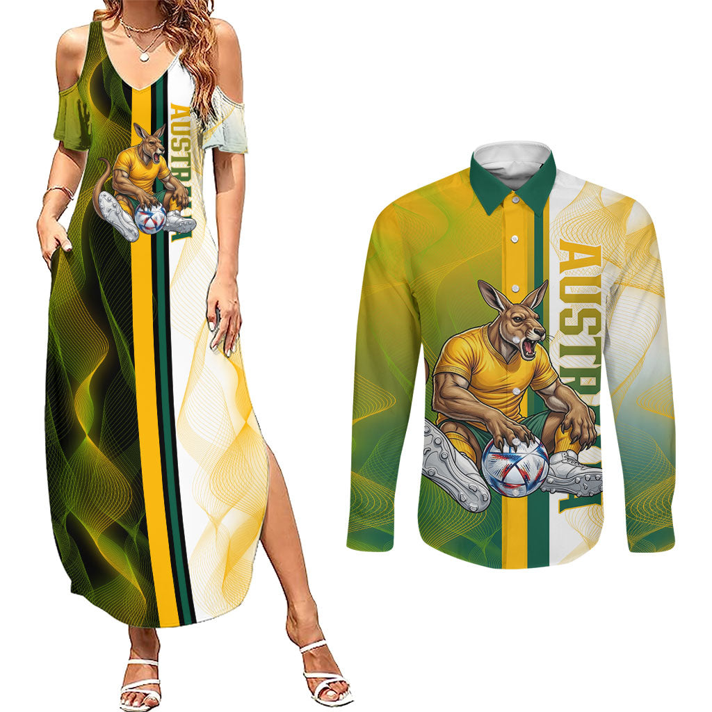 Personalized Australia Soccer Kangaroo Couples Matching Summer Maxi Dress and Long Sleeve Button Shirt World Football Mascot Green Gold Abstract Wave