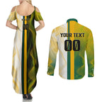 Personalized Australia Soccer Kangaroo Couples Matching Summer Maxi Dress and Long Sleeve Button Shirt World Football Mascot Green Gold Abstract Wave