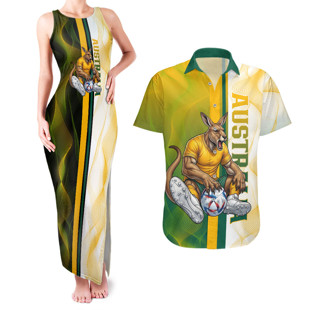 Personalized Australia Soccer Kangaroo Couples Matching Tank Maxi Dress and Hawaiian Shirt World Football Mascot Green Gold Abstract Wave