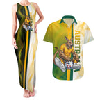 Personalized Australia Soccer Kangaroo Couples Matching Tank Maxi Dress and Hawaiian Shirt World Football Mascot Green Gold Abstract Wave