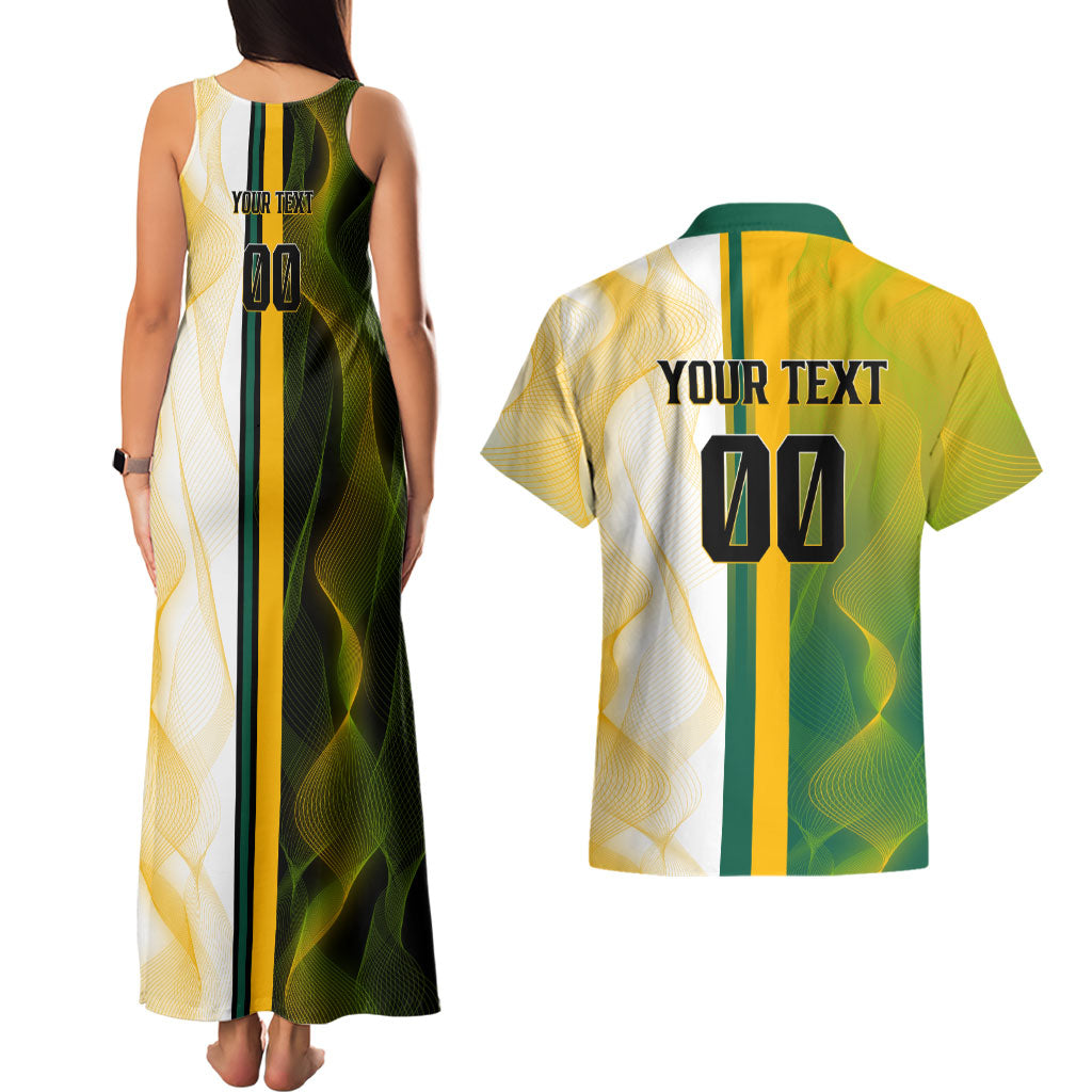 Personalized Australia Soccer Kangaroo Couples Matching Tank Maxi Dress and Hawaiian Shirt World Football Mascot Green Gold Abstract Wave