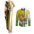 Personalized Australia Soccer Kangaroo Couples Matching Tank Maxi Dress and Long Sleeve Button Shirt World Football Mascot Green Gold Abstract Wave