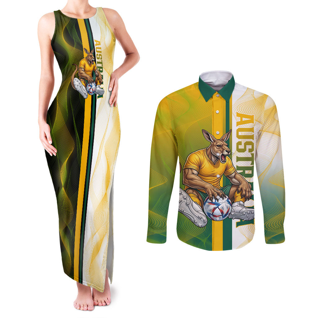 Personalized Australia Soccer Kangaroo Couples Matching Tank Maxi Dress and Long Sleeve Button Shirt World Football Mascot Green Gold Abstract Wave