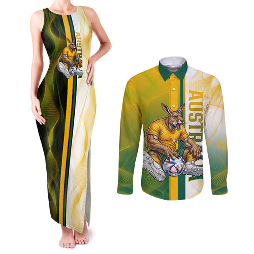 Personalized Australia Soccer Kangaroo Couples Matching Tank Maxi Dress and Long Sleeve Button Shirt World Football Mascot Green Gold Abstract Wave