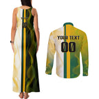 Personalized Australia Soccer Kangaroo Couples Matching Tank Maxi Dress and Long Sleeve Button Shirt World Football Mascot Green Gold Abstract Wave