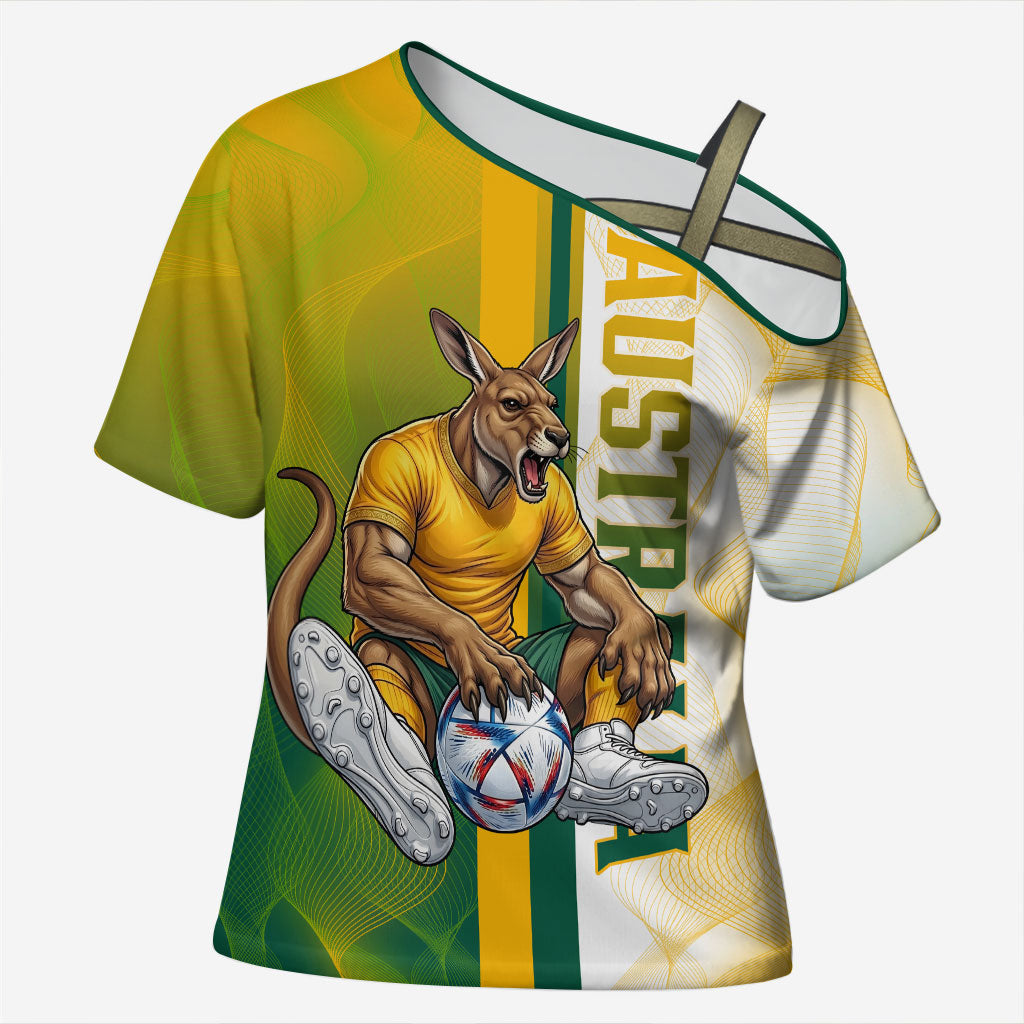 Personalized Australia Soccer Kangaroo Cross Shoulder Shirt World Football Mascot Green Gold Abstract Wave
