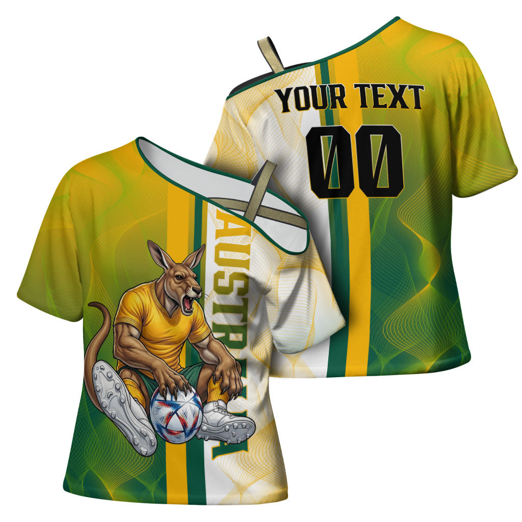 Personalized Australia Soccer Kangaroo Cross Shoulder Shirt World Football Mascot Green Gold Abstract Wave