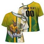 Personalized Australia Soccer Kangaroo Cross Shoulder Shirt World Football Mascot Green Gold Abstract Wave