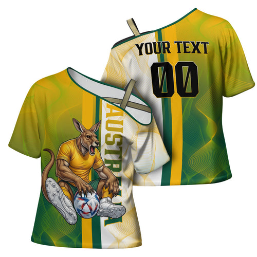 Personalized Australia Soccer Kangaroo Cross Shoulder Shirt World Football Mascot Green Gold Abstract Wave