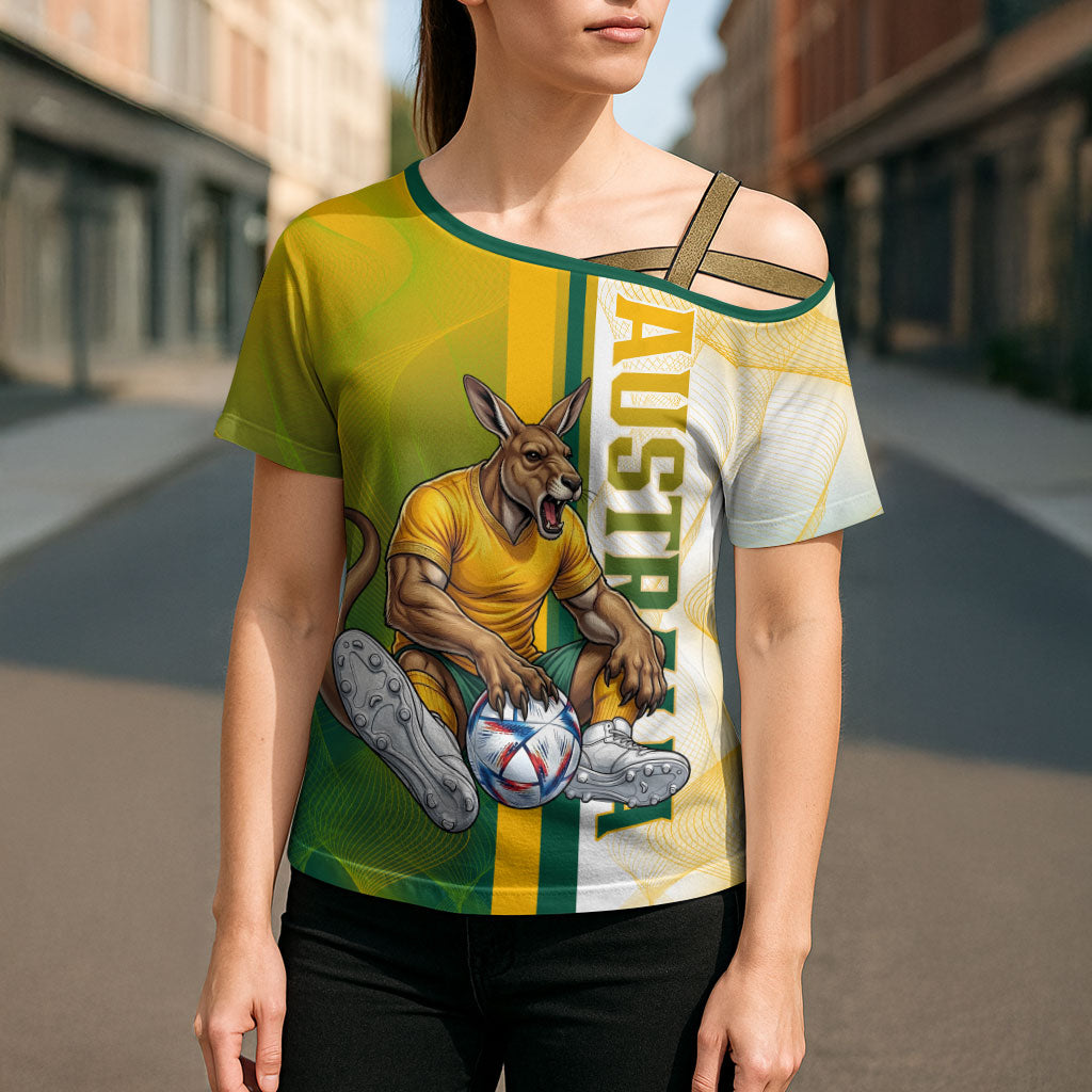 Personalized Australia Soccer Kangaroo Cross Shoulder Shirt World Football Mascot Green Gold Abstract Wave