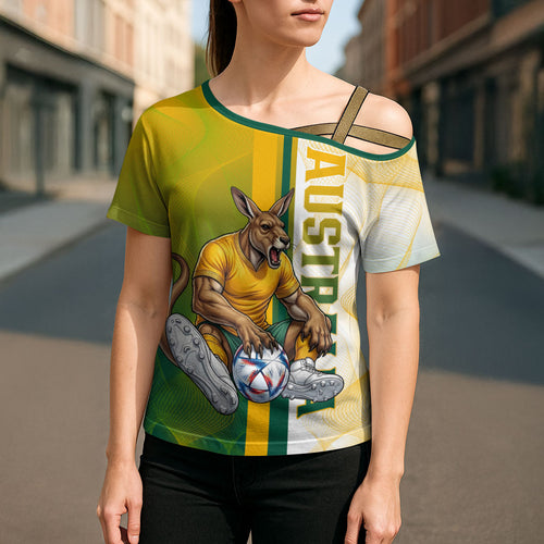 Personalized Australia Soccer Kangaroo Cross Shoulder Shirt World Football Mascot Green Gold Abstract Wave