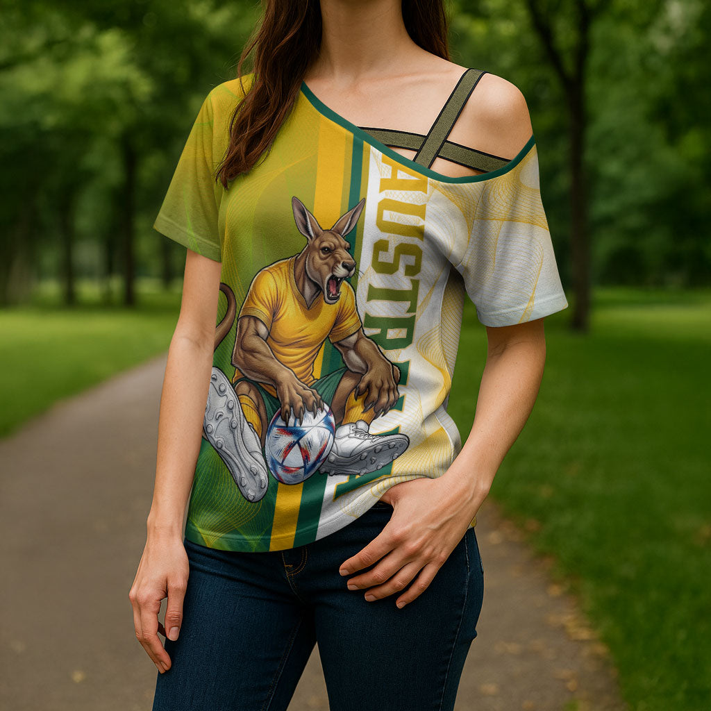 Personalized Australia Soccer Kangaroo Cross Shoulder Shirt World Football Mascot Green Gold Abstract Wave
