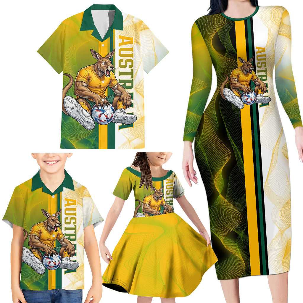 Personalized Australia Soccer Kangaroo Family Matching Long Sleeve Bodycon Dress and Hawaiian Shirt World Football Mascot Green Gold Abstract Wave