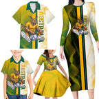 Personalized Australia Soccer Kangaroo Family Matching Long Sleeve Bodycon Dress and Hawaiian Shirt World Football Mascot Green Gold Abstract Wave