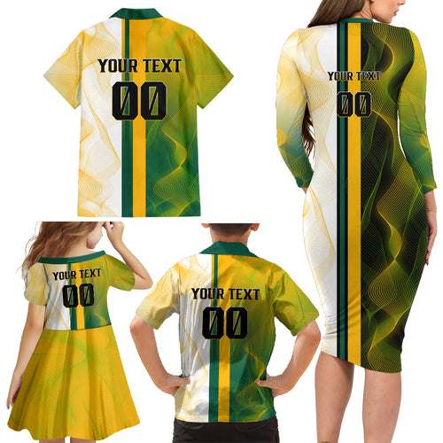 Personalized Australia Soccer Kangaroo Family Matching Long Sleeve Bodycon Dress and Hawaiian Shirt World Football Mascot Green Gold Abstract Wave