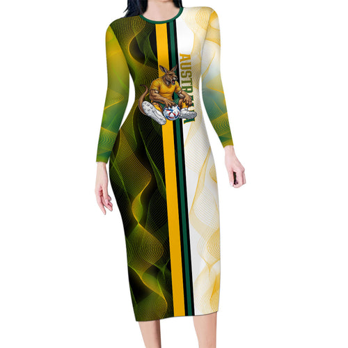 Personalized Australia Soccer Kangaroo Family Matching Long Sleeve Bodycon Dress and Hawaiian Shirt World Football Mascot Green Gold Abstract Wave