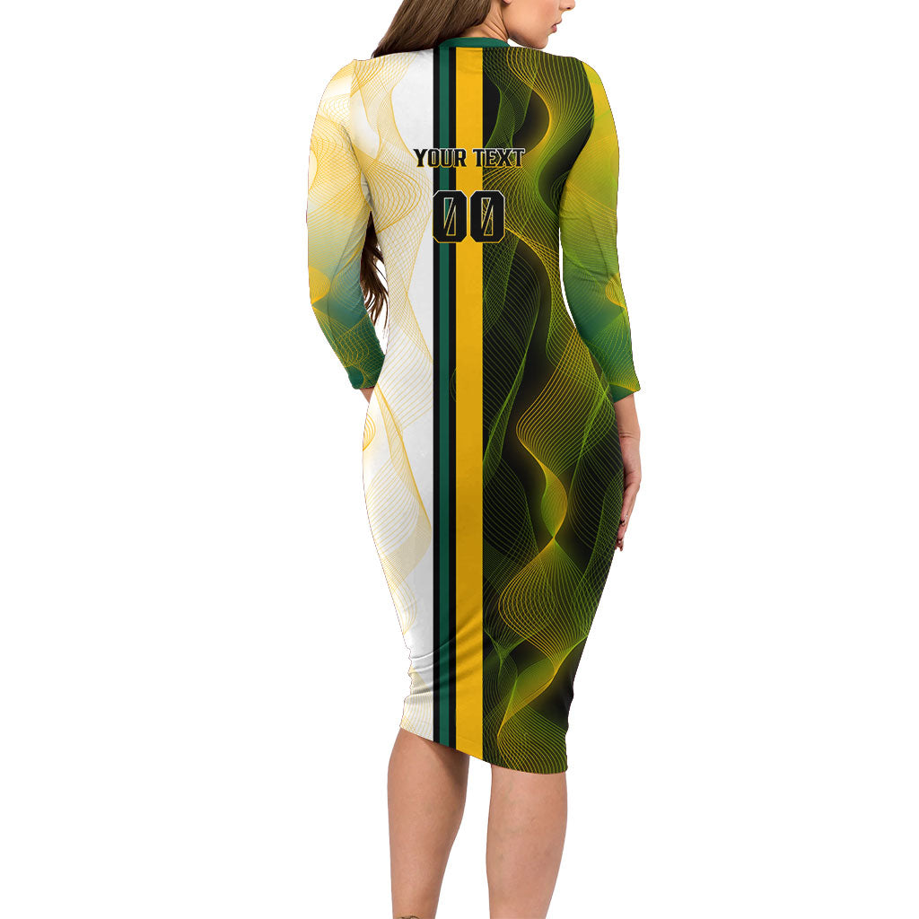 Personalized Australia Soccer Kangaroo Family Matching Long Sleeve Bodycon Dress and Hawaiian Shirt World Football Mascot Green Gold Abstract Wave