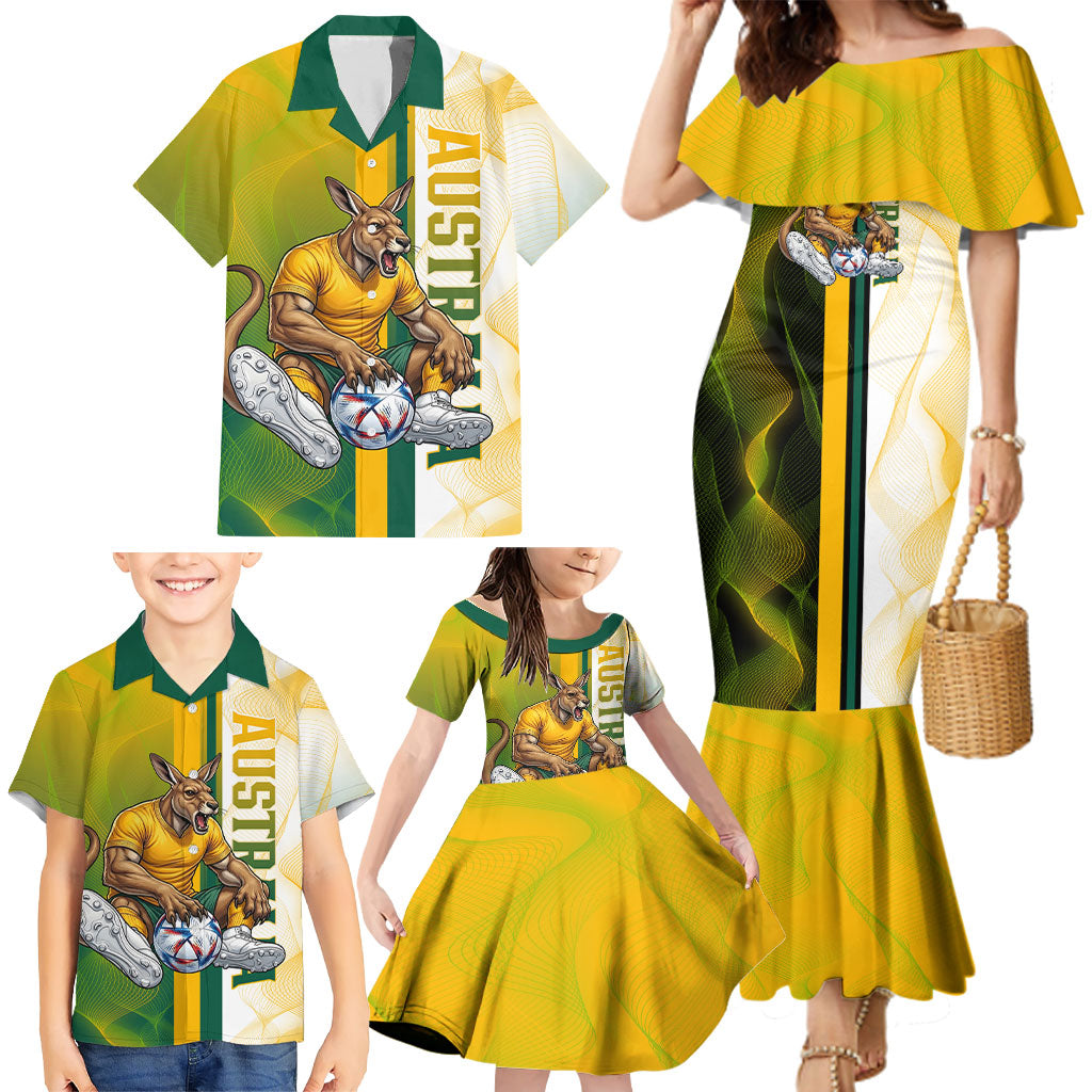 Personalized Australia Soccer Kangaroo Family Matching Mermaid Dress and Hawaiian Shirt World Football Mascot Green Gold Abstract Wave