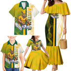 Personalized Australia Soccer Kangaroo Family Matching Mermaid Dress and Hawaiian Shirt World Football Mascot Green Gold Abstract Wave