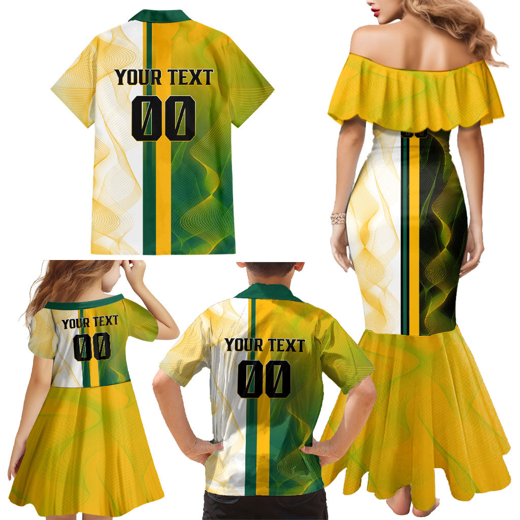 Personalized Australia Soccer Kangaroo Family Matching Mermaid Dress and Hawaiian Shirt World Football Mascot Green Gold Abstract Wave