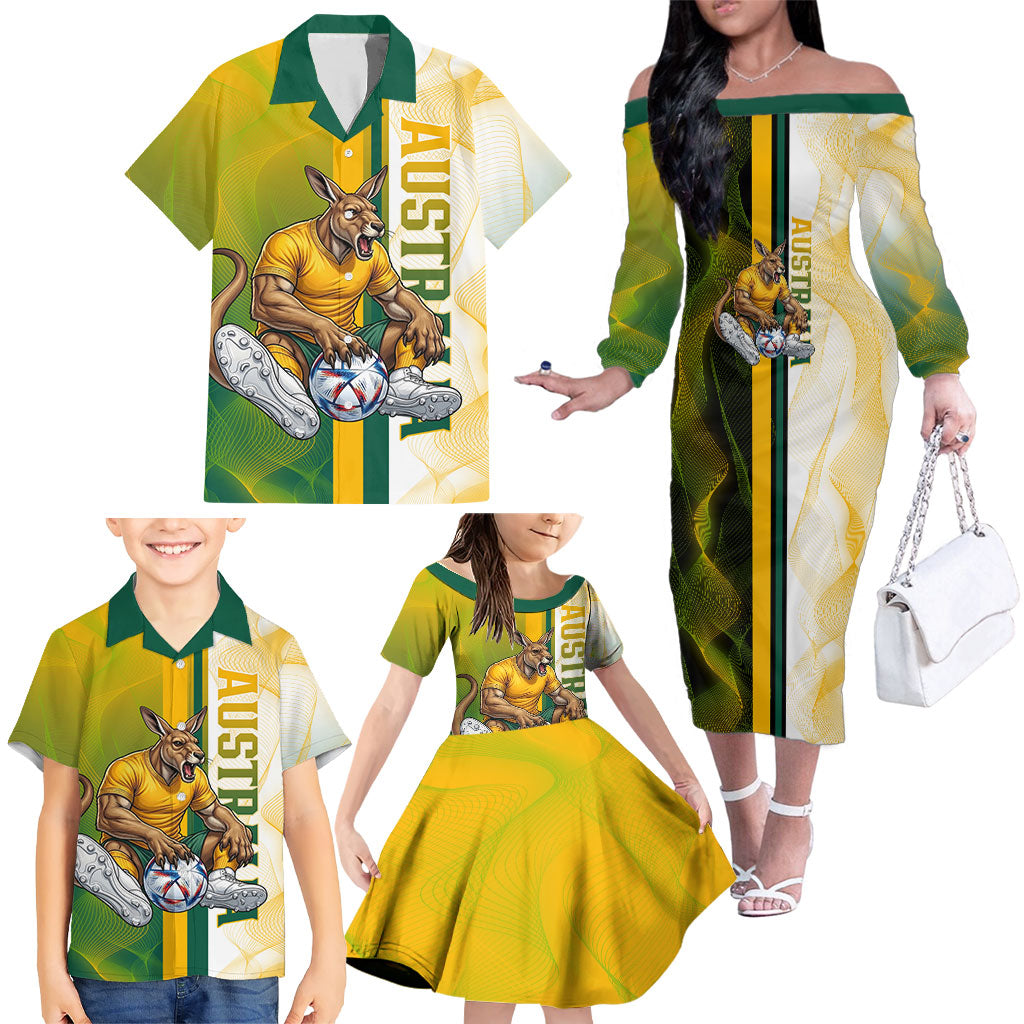 Personalized Australia Soccer Kangaroo Family Matching Off The Shoulder Long Sleeve Dress and Hawaiian Shirt World Football Mascot Green Gold Abstract Wave