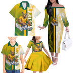 Personalized Australia Soccer Kangaroo Family Matching Off The Shoulder Long Sleeve Dress and Hawaiian Shirt World Football Mascot Green Gold Abstract Wave