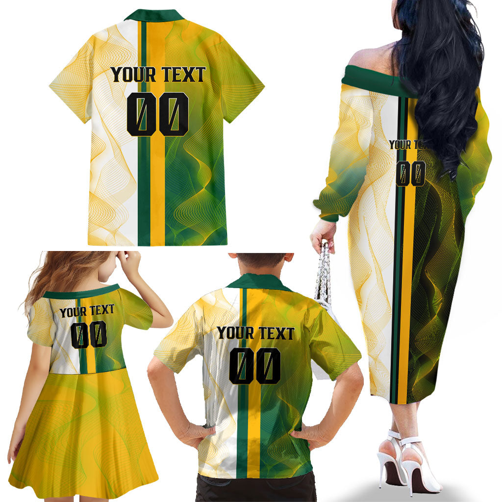 Personalized Australia Soccer Kangaroo Family Matching Off The Shoulder Long Sleeve Dress and Hawaiian Shirt World Football Mascot Green Gold Abstract Wave