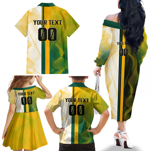 Personalized Australia Soccer Kangaroo Family Matching Off The Shoulder Long Sleeve Dress and Hawaiian Shirt World Football Mascot Green Gold Abstract Wave