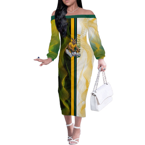 Personalized Australia Soccer Kangaroo Family Matching Off The Shoulder Long Sleeve Dress and Hawaiian Shirt World Football Mascot Green Gold Abstract Wave