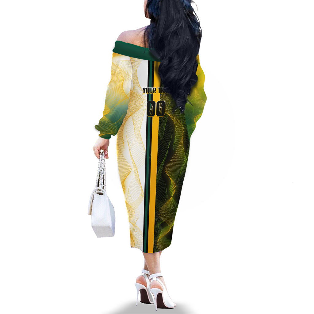 Personalized Australia Soccer Kangaroo Family Matching Off The Shoulder Long Sleeve Dress and Hawaiian Shirt World Football Mascot Green Gold Abstract Wave