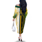 Personalized Australia Soccer Kangaroo Family Matching Off The Shoulder Long Sleeve Dress and Hawaiian Shirt World Football Mascot Green Gold Abstract Wave