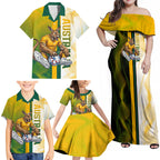 Personalized Australia Soccer Kangaroo Family Matching Off Shoulder Maxi Dress and Hawaiian Shirt World Football Mascot Green Gold Abstract Wave
