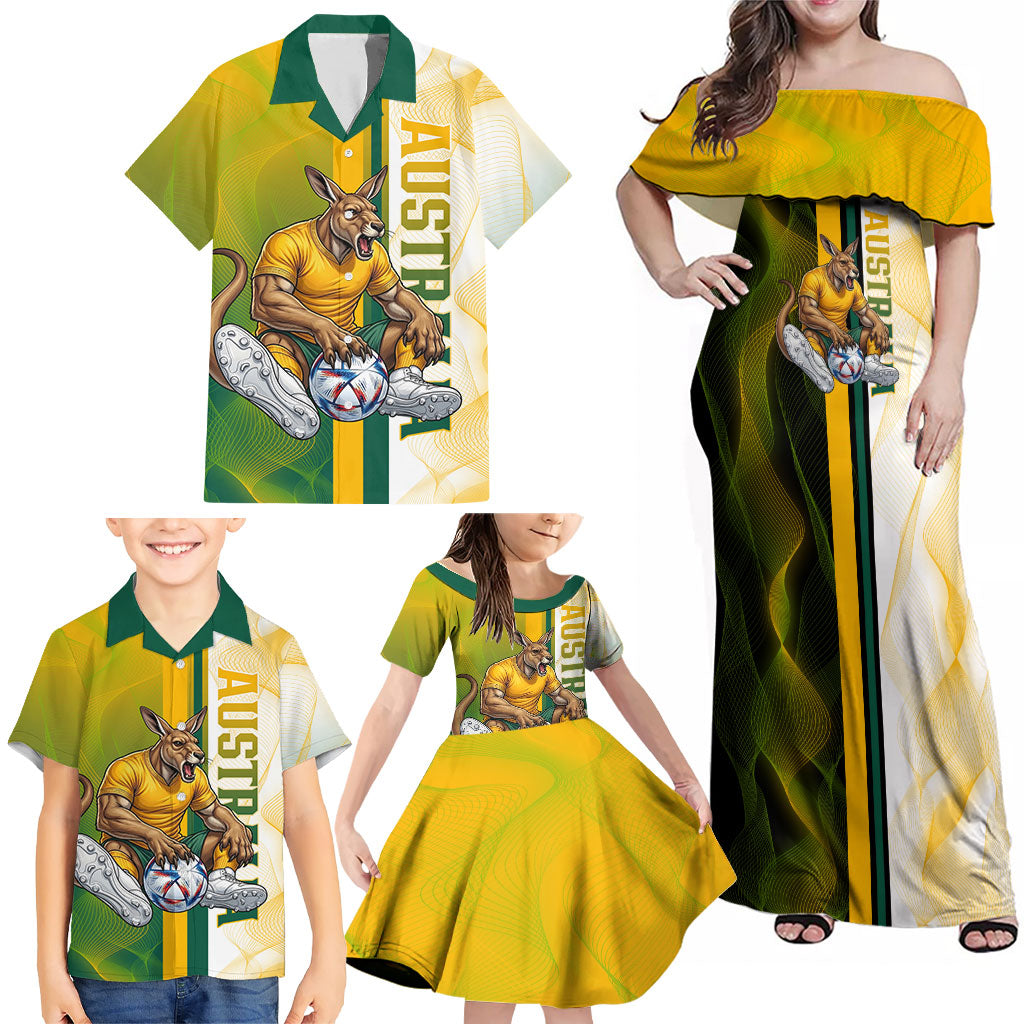 Personalized Australia Soccer Kangaroo Family Matching Off Shoulder Maxi Dress and Hawaiian Shirt World Football Mascot Green Gold Abstract Wave