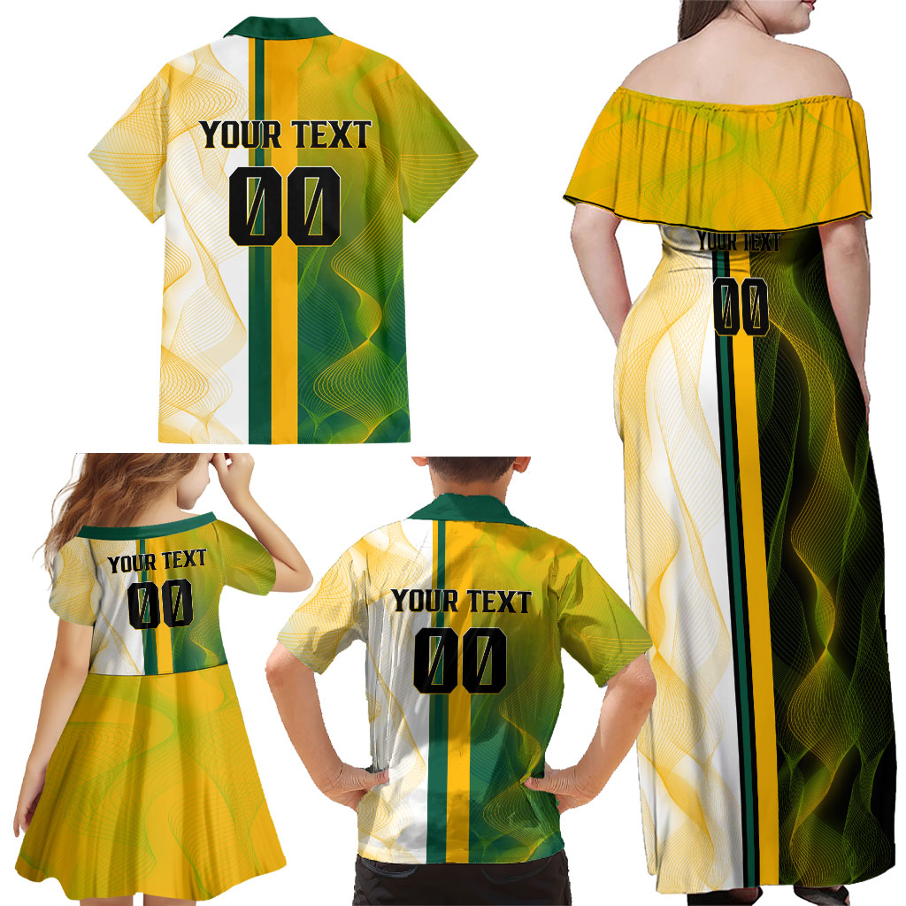 Personalized Australia Soccer Kangaroo Family Matching Off Shoulder Maxi Dress and Hawaiian Shirt World Football Mascot Green Gold Abstract Wave
