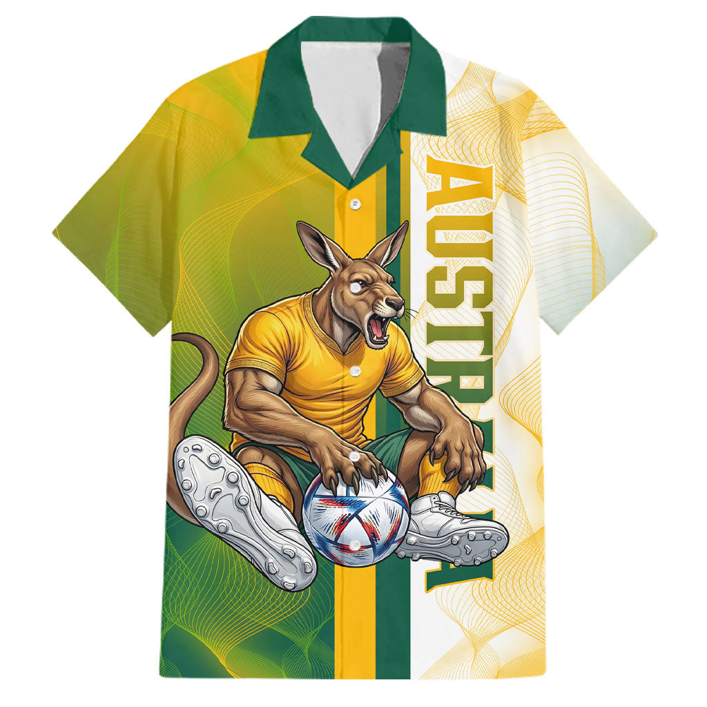 Personalized Australia Soccer Kangaroo Family Matching Off Shoulder Maxi Dress and Hawaiian Shirt World Football Mascot Green Gold Abstract Wave