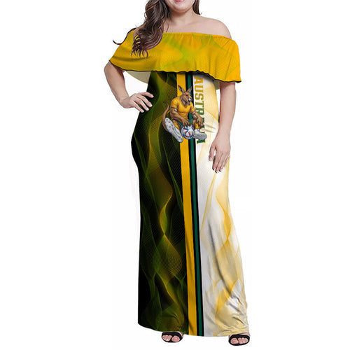 Personalized Australia Soccer Kangaroo Family Matching Off Shoulder Maxi Dress and Hawaiian Shirt World Football Mascot Green Gold Abstract Wave