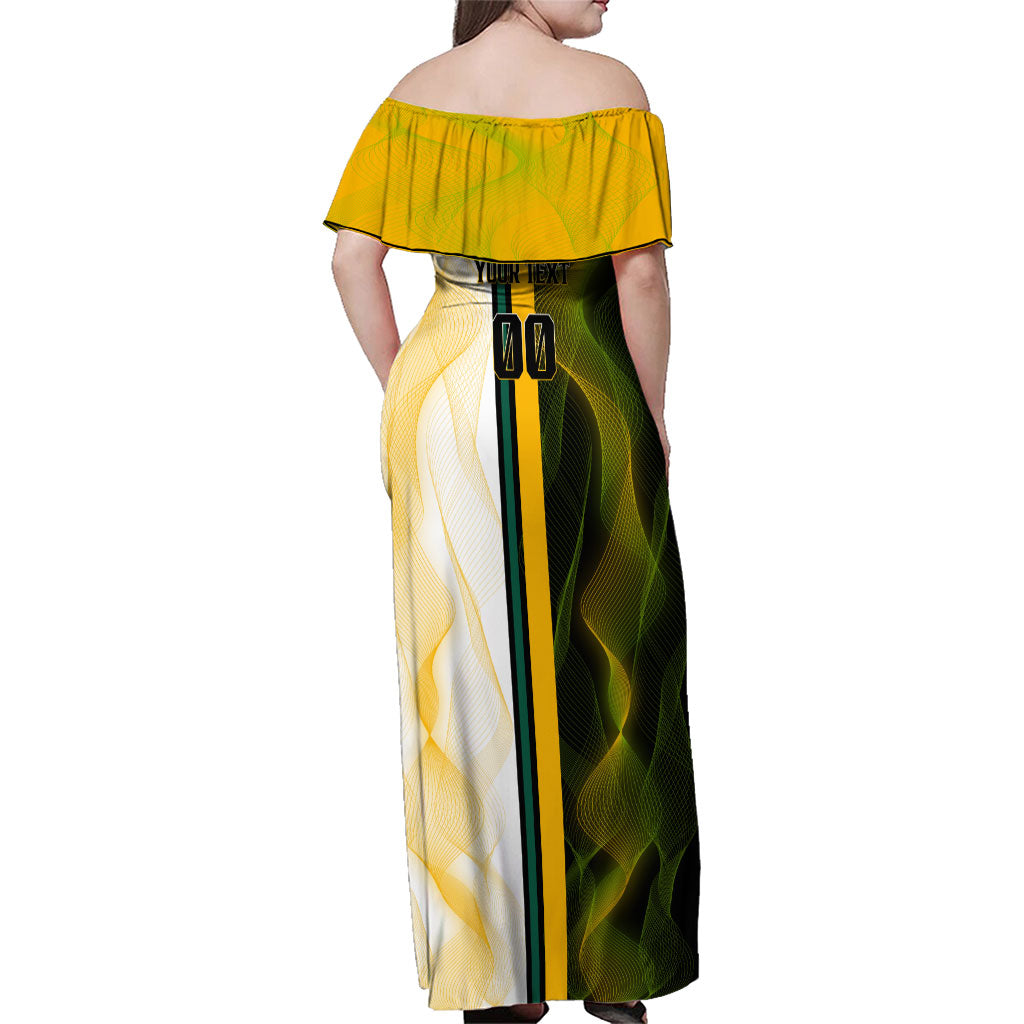 Personalized Australia Soccer Kangaroo Family Matching Off Shoulder Maxi Dress and Hawaiian Shirt World Football Mascot Green Gold Abstract Wave