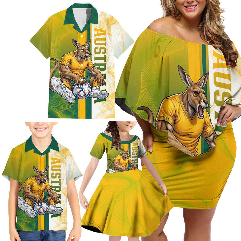 Personalized Australia Soccer Kangaroo Family Matching Off Shoulder Short Dress and Hawaiian Shirt World Football Mascot Green Gold Abstract Wave