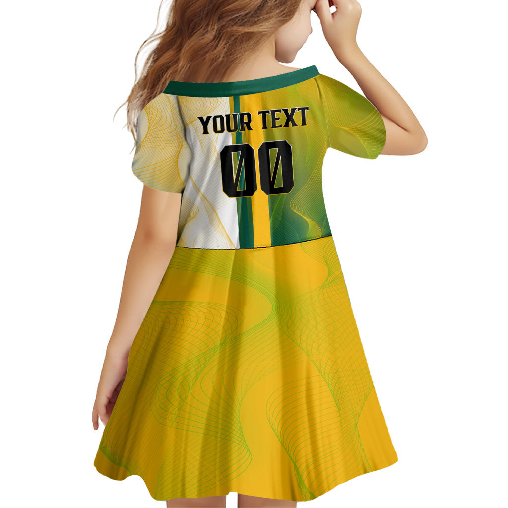 Personalized Australia Soccer Kangaroo Family Matching Off Shoulder Short Dress and Hawaiian Shirt World Football Mascot Green Gold Abstract Wave