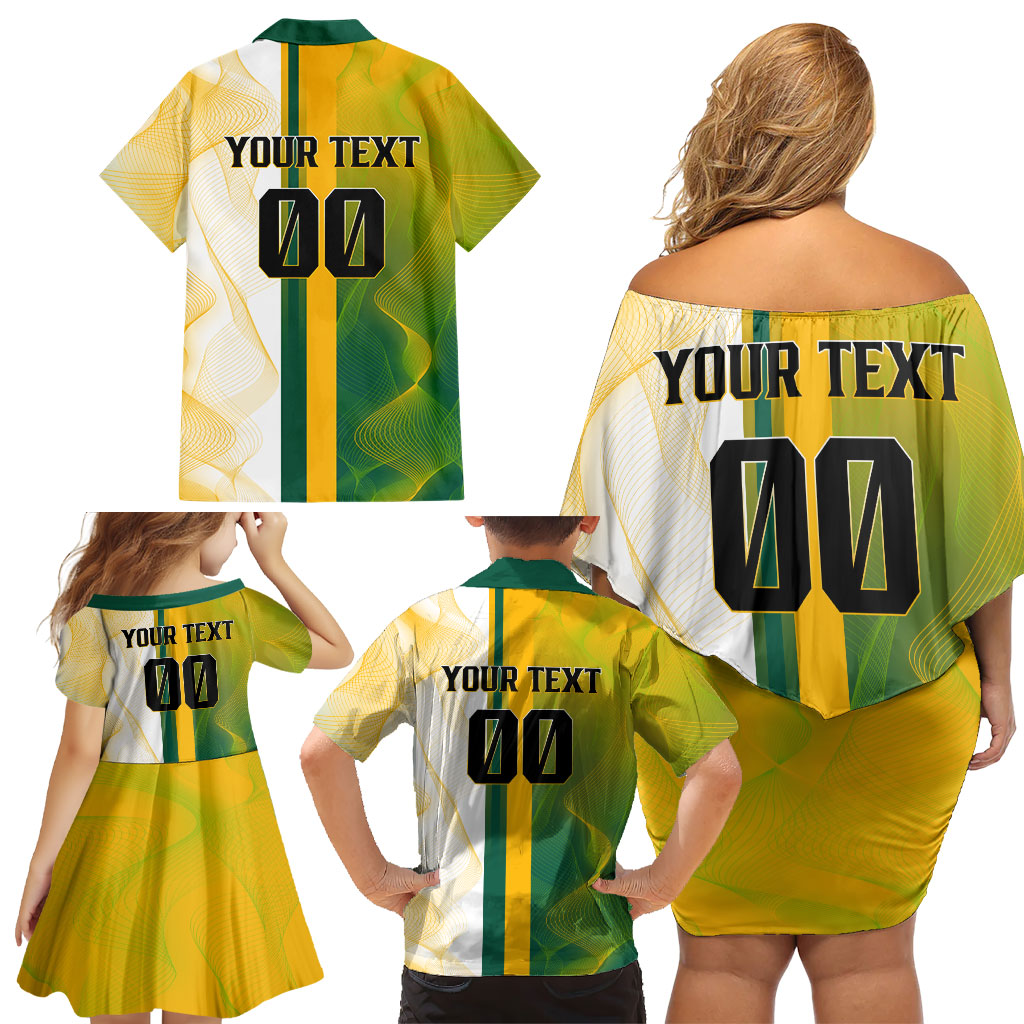 Personalized Australia Soccer Kangaroo Family Matching Off Shoulder Short Dress and Hawaiian Shirt World Football Mascot Green Gold Abstract Wave