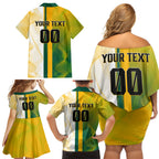 Personalized Australia Soccer Kangaroo Family Matching Off Shoulder Short Dress and Hawaiian Shirt World Football Mascot Green Gold Abstract Wave