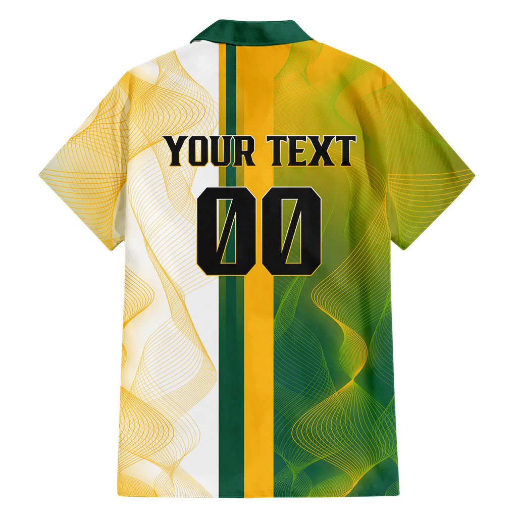 Personalized Australia Soccer Kangaroo Family Matching Off Shoulder Short Dress and Hawaiian Shirt World Football Mascot Green Gold Abstract Wave
