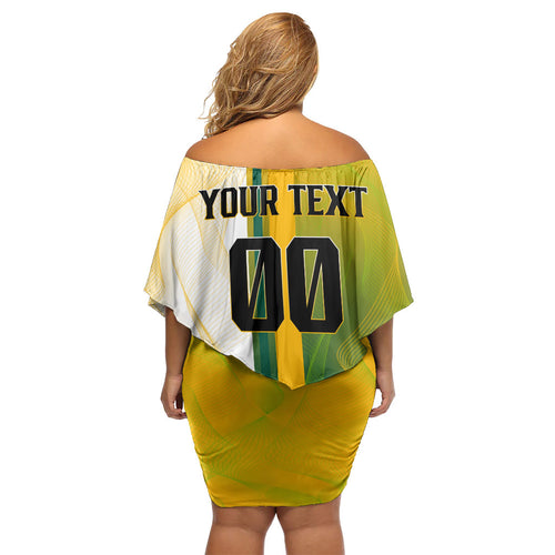 Personalized Australia Soccer Kangaroo Family Matching Off Shoulder Short Dress and Hawaiian Shirt World Football Mascot Green Gold Abstract Wave