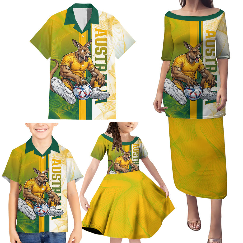 Personalized Australia Soccer Kangaroo Family Matching Puletasi and Hawaiian Shirt World Football Mascot Green Gold Abstract Wave