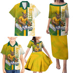 Personalized Australia Soccer Kangaroo Family Matching Puletasi and Hawaiian Shirt World Football Mascot Green Gold Abstract Wave