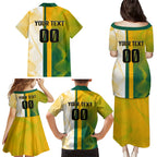 Personalized Australia Soccer Kangaroo Family Matching Puletasi and Hawaiian Shirt World Football Mascot Green Gold Abstract Wave