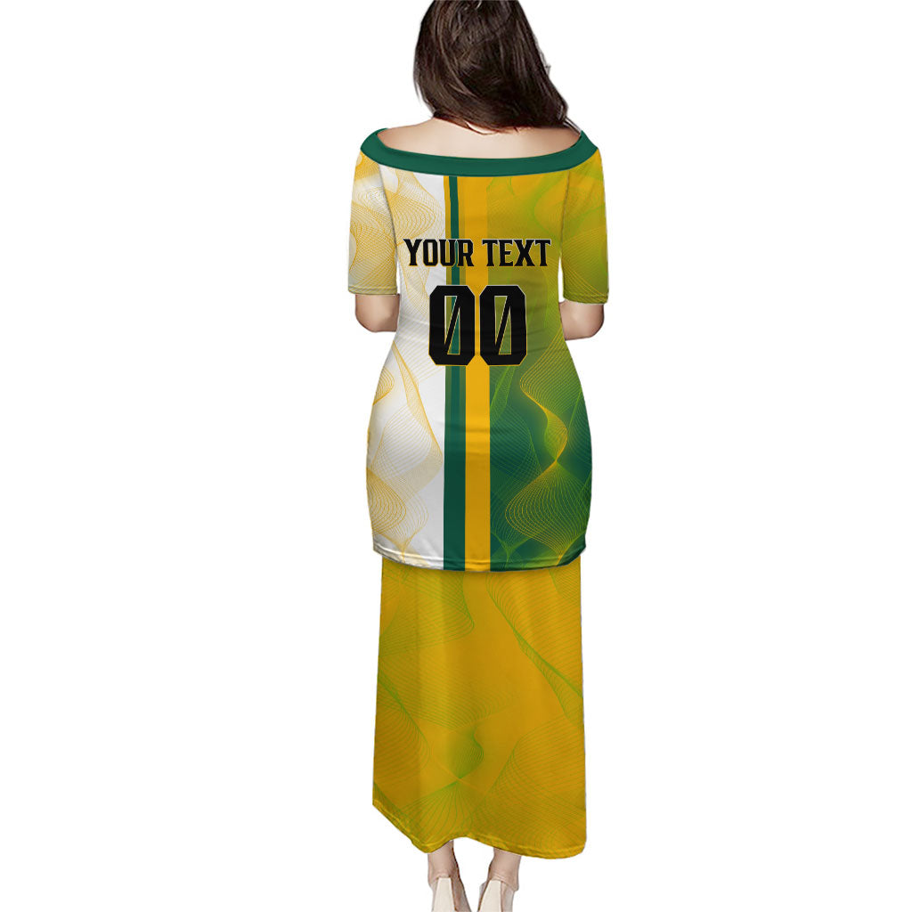 Personalized Australia Soccer Kangaroo Family Matching Puletasi and Hawaiian Shirt World Football Mascot Green Gold Abstract Wave