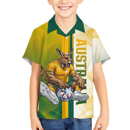 Personalized Australia Soccer Kangaroo Family Matching Puletasi and Hawaiian Shirt World Football Mascot Green Gold Abstract Wave